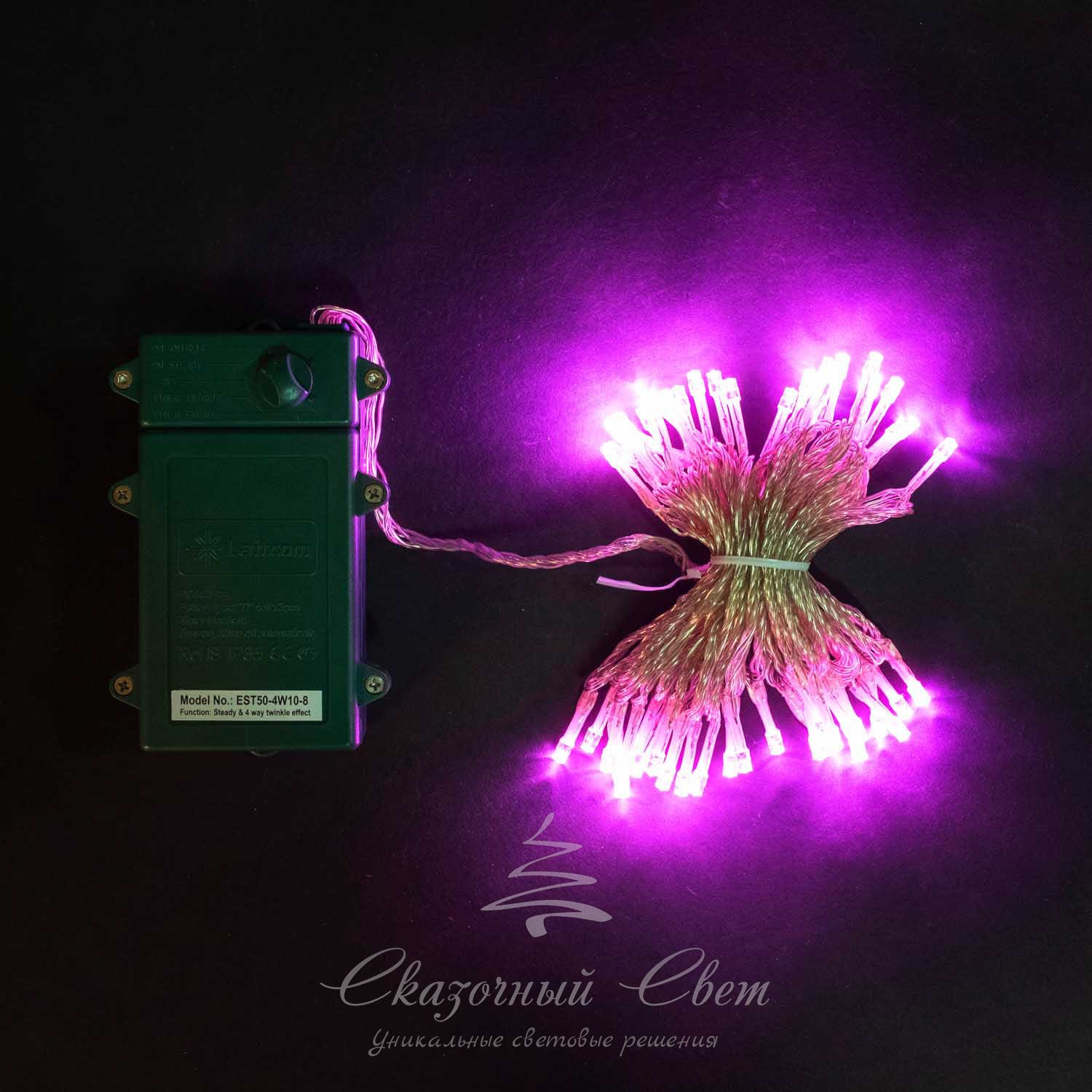 Нить на батарейках 5 м, 3 бат. "D", 4,5V, прозрачный провод, 50 led, розовый