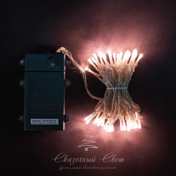 Светодиодная нить 10 м, 4,5V, прозрачный провод, 100 led, 3 бат. "D", хони голд