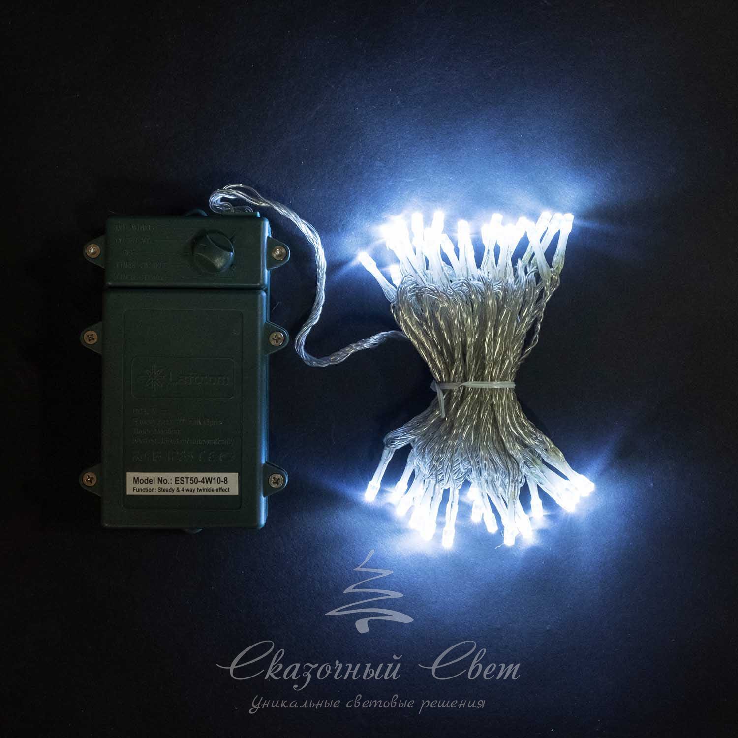 Светодиодная нить 10 м, 4,5V, прозрачный провод, 100 led, 3 бат. "D", белый