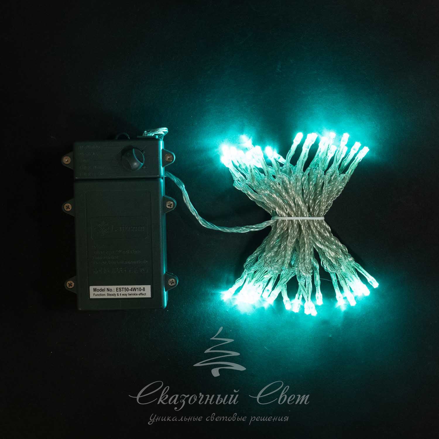 Светодиодная нить 10 м, 4,5V, прозрачный провод, 100 led, 3 бат. "D", аква