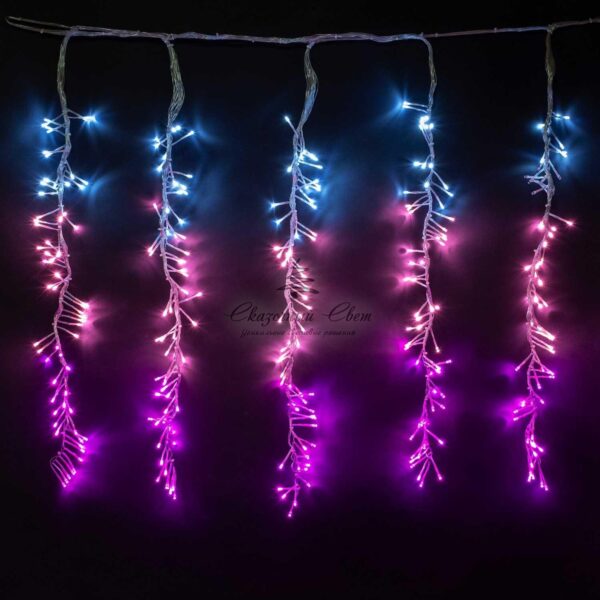 Гирлянда Бахрома с Эффектом Бегущий Огонь 2 x 1 м Бело-Розовая 24В, 320 LED, Провод Прозрачный Силикон, IP65