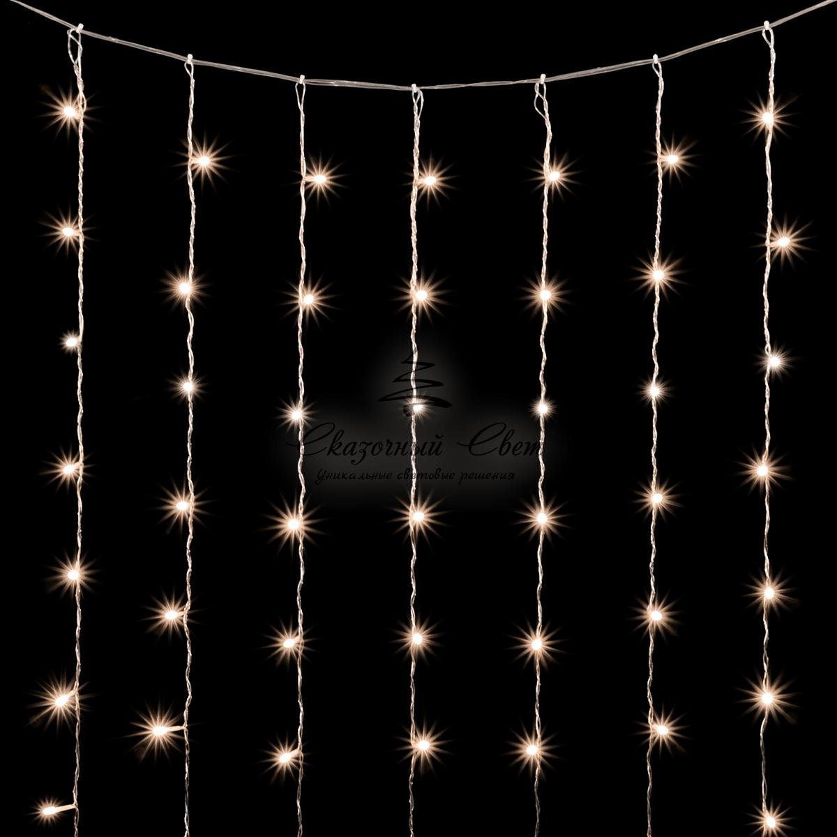 Гирлянда Занавес 3 x 2 м Тепло-Белый с Мерцанием Белого Диода, 600 LED, Провод Прозрачный ПВХ, IP20